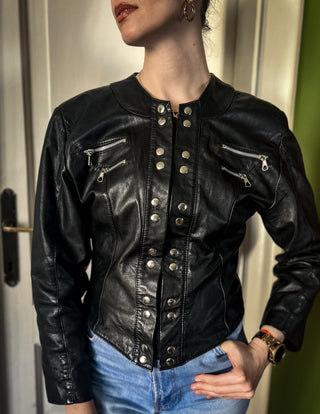 Czarna krótka taliowana skórzana kurtka vintage biker motocyklowa 90s | 36 38