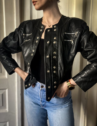 Czarna krótka taliowana skórzana kurtka vintage biker motocyklowa 90s | 36 38