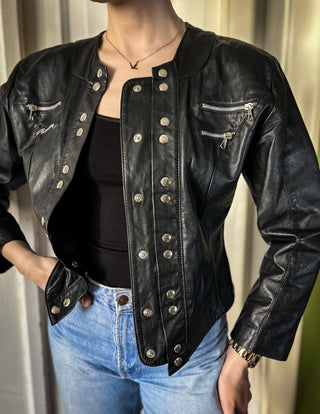 Czarna krótka taliowana skórzana kurtka vintage biker motocyklowa 90s | 36 38