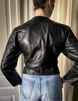 Czarna krótka taliowana skórzana kurtka vintage biker motocyklowa 90s | 36 38