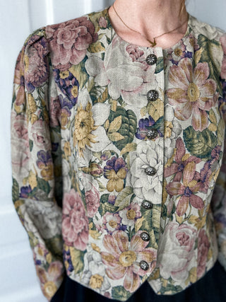 Beżowy lniany austriacki żakiet vintage w kwiaty Original Salzburger Tracht | 42 44