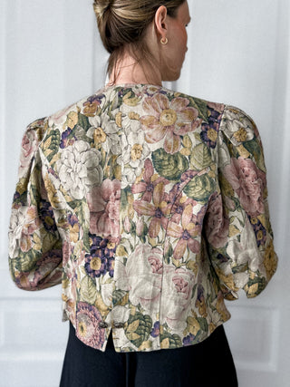 Beżowy lniany austriacki żakiet vintage w kwiaty Original Salzburger Tracht | 42 44