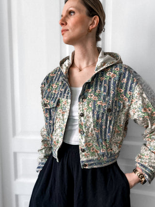 Jeansowa krótka kurtka vintage kwiaty 80s 90s Bombonella | 38