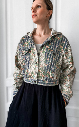 Jeansowa krótka kurtka vintage kwiaty 80s 90s Bombonella | 38