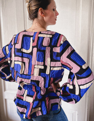 Fioletowa bluzka z wiskozy geometryczne kształty oversize Tom Tailor | 42 44