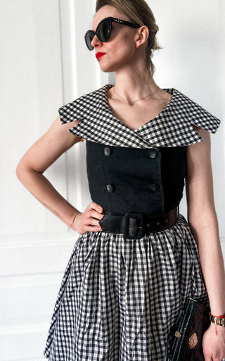 Czarno-biała sukienka w kratę retro pin-up rozkloszowana w stylu lat 50. Vera Mont | 36