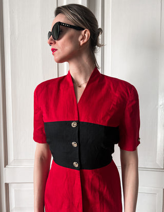 Czerwona dopasowa sukienka szmizjerka midi len i rayon lata 80 Tahari | 38 40