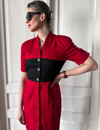 Czerwona dopasowa sukienka szmizjerka midi len i rayon lata 80 Tahari | 38 40