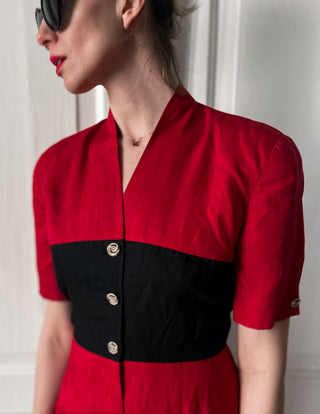 Czerwona dopasowa sukienka szmizjerka midi len i rayon lata 80 Tahari | 38 40