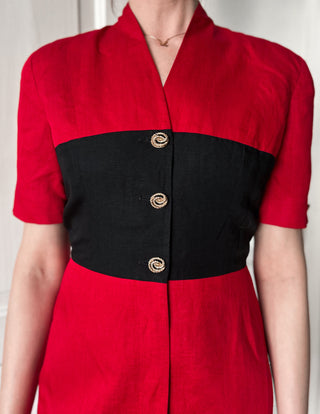 Czerwona dopasowa sukienka szmizjerka midi len i rayon lata 80 Tahari | 38 40