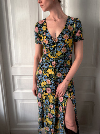 Czarna sukienka maxi w kwiaty rozcięcia styl lata 90. Miss Selfridge | 36 38