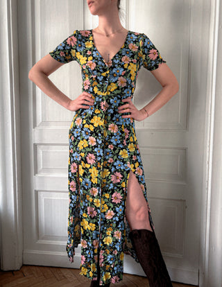 Czarna sukienka maxi w kwiaty rozcięcia styl lata 90. Miss Selfridge | 36 38