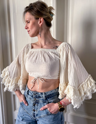 Kremowa bawełniana krótka bluzka crop top boho warstwowe rękawy Awatara | 36 38+