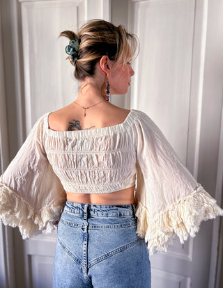 Kremowa bawełniana krótka bluzka crop top boho warstwowe rękawy Awatara | 36 38+