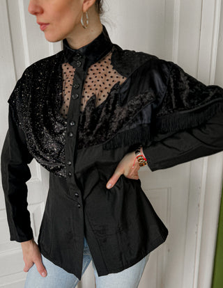 Czarna francuska koszula z wiskozy vintage lata 80 new romantic western glamour | 38 40