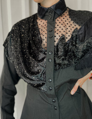 Czarna francuska koszula z wiskozy vintage lata 80 new romantic western glamour | 38 40