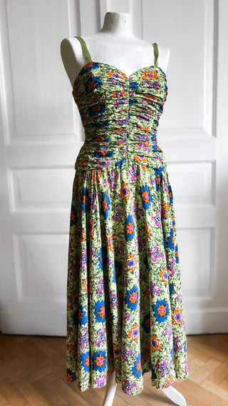 Zielona sukienka z wiskozy retro 80s midi gorsetowa rozkloszowana Creation Mademoiselle | 34 36