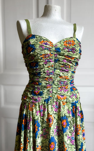 Zielona sukienka z wiskozy retro 80s midi gorsetowa rozkloszowana Creation Mademoiselle | 34 36