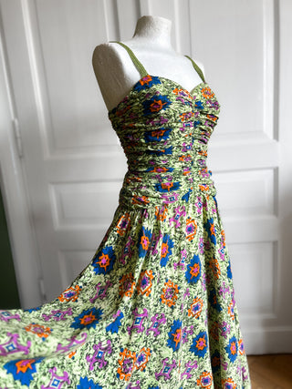 Zielona sukienka z wiskozy retro 80s midi gorsetowa rozkloszowana Creation Mademoiselle | 34 36