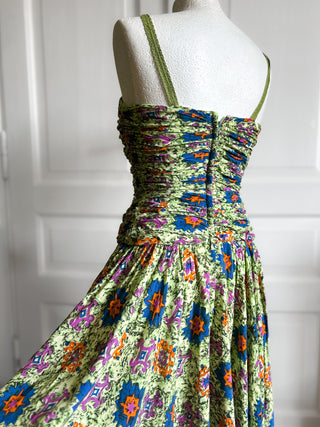 Zielona sukienka z wiskozy retro 80s midi gorsetowa rozkloszowana Creation Mademoiselle | 34 36
