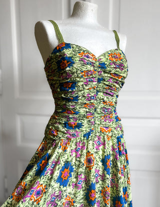 Zielona sukienka z wiskozy retro 80s midi gorsetowa rozkloszowana Creation Mademoiselle | 34 36
