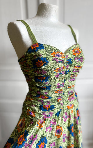 Zielona sukienka z wiskozy retro 80s midi gorsetowa rozkloszowana Creation Mademoiselle | 34 36