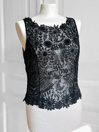 Czarny wieczorowy top vintage Nostalgia z haftem i cekinami 38