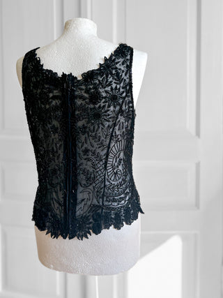 Czarny wieczorowy top vintage Nostalgia z haftem i cekinami 38